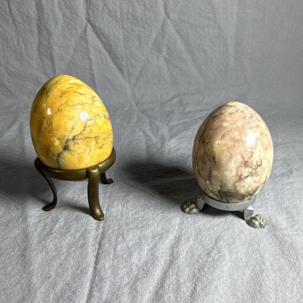 Pair of Vintage Alabaster and Marble Stone Decorative Eggs on Metal Stands